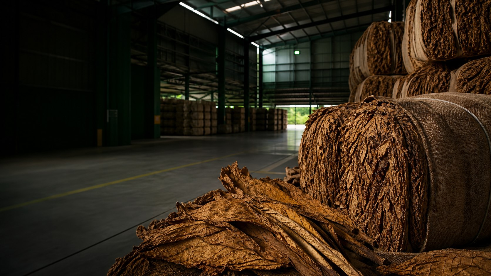 Fardos de tabaco organizados em um galpão industrial